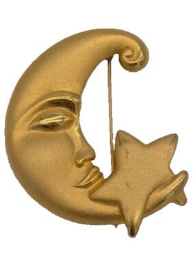 VINTAGE GOLDTONE BRUSHED STAR RIDING MOON BROOCH PIN astrology as is